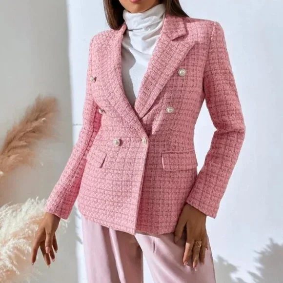 Pink Tweed Plaid Double Breasted Blazer - Picture 2 of 6